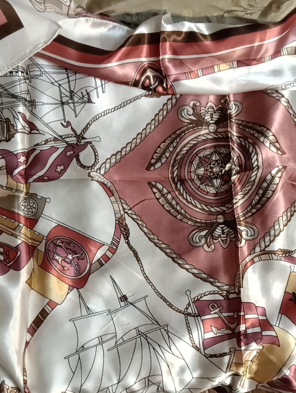 Silk-Feel Nautical Print Scarf - Rose Pink, White & Gold
